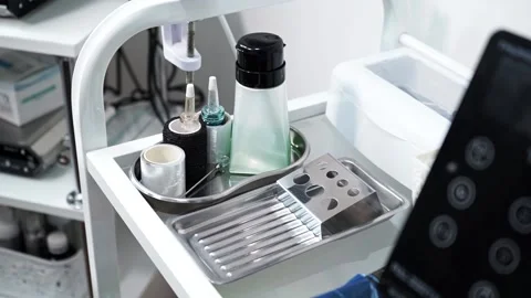 Table with tools for permanent tattoo. Preparation for the procedure Stock Footage 201873147