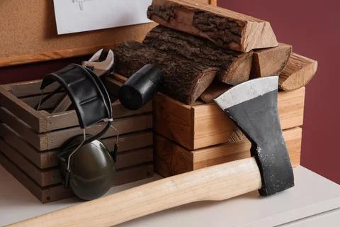 Table with tools, wood and axe in carpenter's workshop, closeup Stock Photos