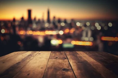 Table top and a blurred background of a skyline, ai generated Stock Illustration
