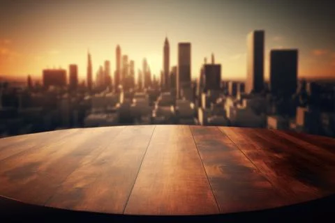 Table top and a blurred background of a skyline, ai generated Illustrazione stock