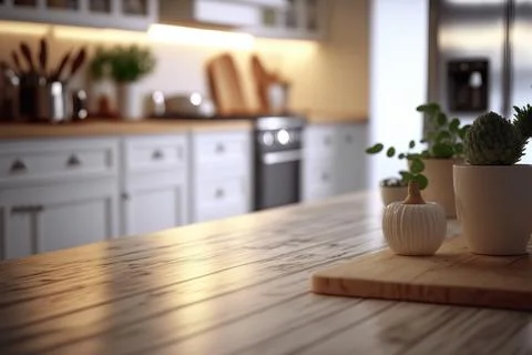 Table top and blurred kitchen room as background Stock Illustration