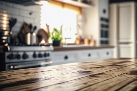 Table top and blurred kitchen room as background Illustrazione stock