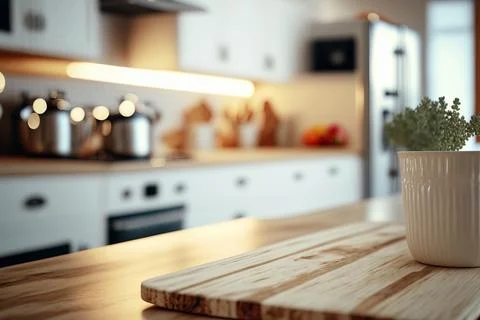 Table top and blurred kitchen room as background Stock Illustration