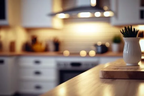 Table top and blurred kitchen room as background Illustrazione stock