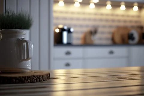 Table top and blurred kitchen room as background Illustrazione stock