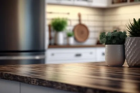 Table top and blurred kitchen room as background Stock Illustration