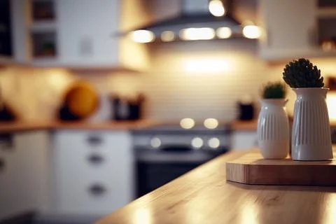 Table top and blurred kitchen room as background Stock Illustration