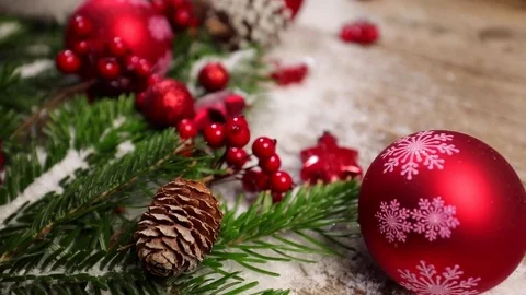 Table top background video with Christmas ornaments and gift box Stock Footage 82702717