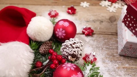 Table top background video with Christmas ornaments and gift box Stock Footage 82702720