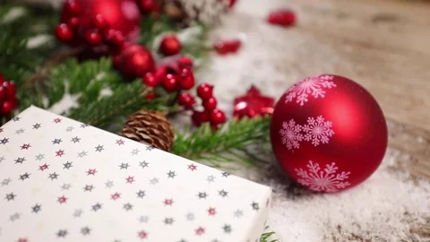 Table top background video with Christmas ornaments and gift box Video stock 82702721