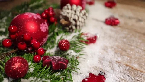 Table top background video with Christmas ornaments and gift box Video stock 82702723