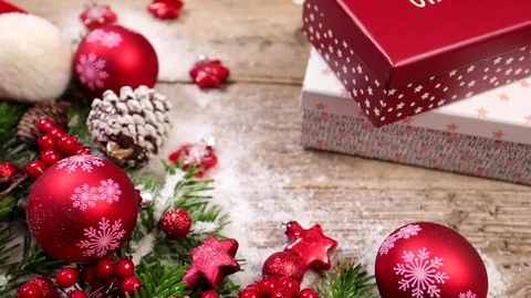 Table top background video with Christmas ornaments and gift box Video stock 82702736