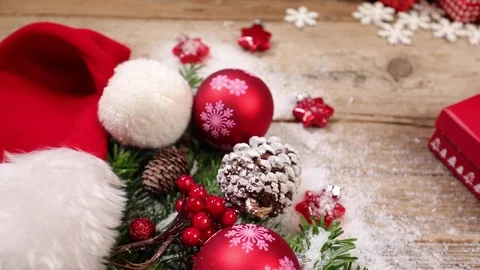 Table top background video with Christmas ornaments and gift box Stock Footage 82702738