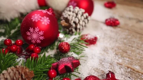 Table top background video with Christmas ornaments and gift box Video stock 82702740