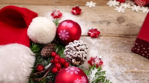 Table top background video with Christmas ornaments and gift box Video stock 82702741
