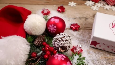 Table top background video with Christmas ornaments and gift box Video stock 82702742