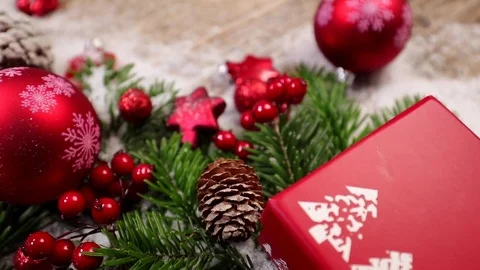 Table top background video with Christmas ornaments and gift box Video stock 82702755