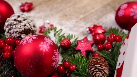 Table top background video with Christmas ornaments and gift box Video stock 82702758