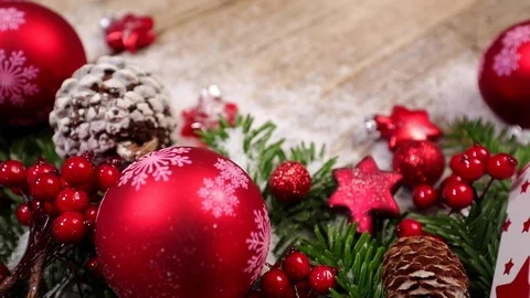 Table top background video with Christmas ornaments and gift box Video stock 82702762