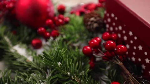 Table top background video with Christmas ornaments and gift box Video stock 82702763