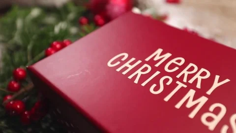 Table top background video with Christmas ornaments and gift box Video stock 82702766