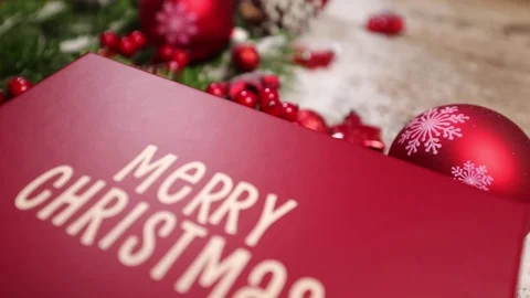 Table top background video with Christmas ornaments and gift box Video stock 82702772