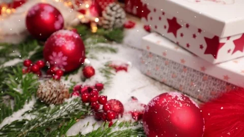 Table top background video with Christmas ornaments and gift box Video stock 82719436