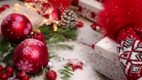 Table top background video with Christmas ornaments and gift box Video stock 82719437