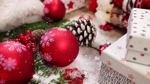 Table top background video with Christmas ornaments and gift box Video stock 82719440