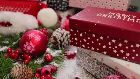 Table top background video with Christmas ornaments and gift box Video stock 82719442