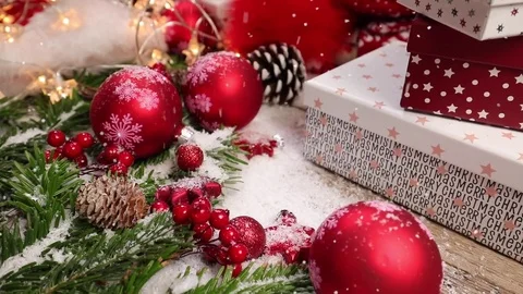 Table top background video with Christmas ornaments and gift box Video stock 82719451