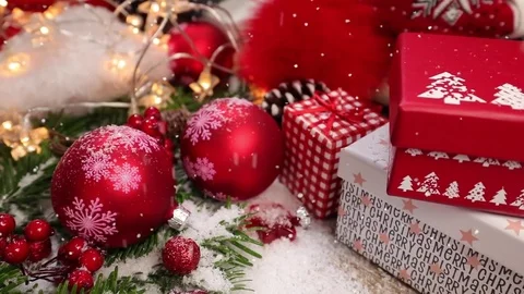 Table top background video with Christmas ornaments and gift box Video stock 82719453