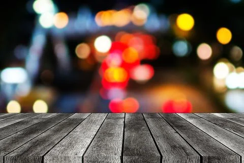 Table top. empty wooden board, table or modern wooden terrace with abstract n Stock Photos