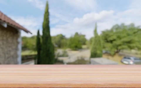 Table Top with patio landscape background Stock Photos
