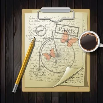 Table top with sketching paper and butterfly イラスト素材