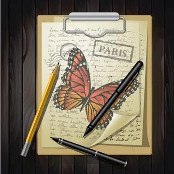 Table top with sketching paper and butterfly Stock Illustration
