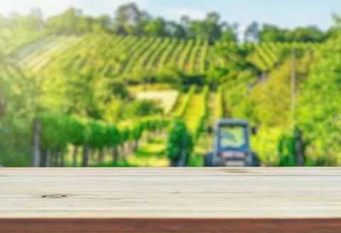 Table top template against vineyard hill Stockfoto's
