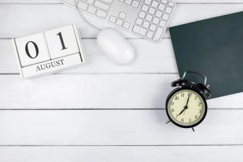 Table top view of calendar, clock, keyboard and mouse Stock Photos