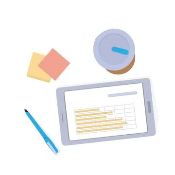 Table top view. Digital tablet on desk. Office workplace. Drink glass and Stock Illustration