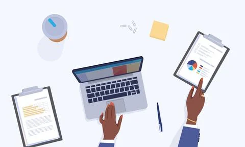 Table top view. Employee workspace. Cartoon character working with computer Stock Illustration