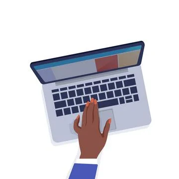 Table top view. Female hand and laptop. Cartoon character working with computer 스톡 일러스트