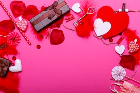 Table top view image of decoration valentine's day background concept. Flat l Stock Photos