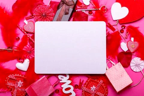 Table top view image of decoration valentine's day background with empty whit Stock-Fotos
