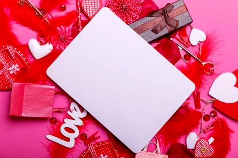 Table top view image of decoration valentine's day background with empty whit Stock Photos