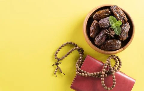 Table top view image of decoration Ramadan Kareem,  dates fruit, aladdin lamp Stock Photos