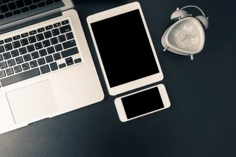 Table top view with laptop, tablet, mobile phone Stock Photos