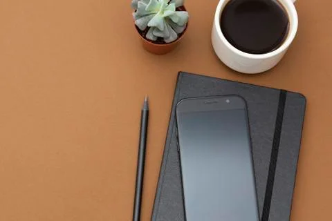 Table top view, office mock up, template with notebook, coffee cup, succulent Stock Photos