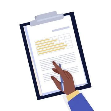 Table top view. Office worker writing on paper tablet. Cartoon characters Stock Illustration