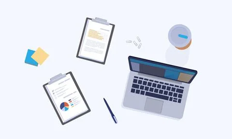 Table top view. Office workplace. Laptop on desk. Paper tablets. Electronic Stock Illustration