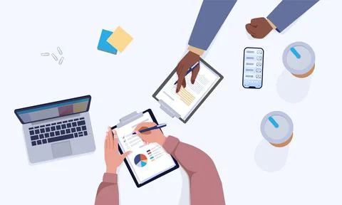 Table top view. Office workplace. Business workers write on clipboard papers Stock Illustration